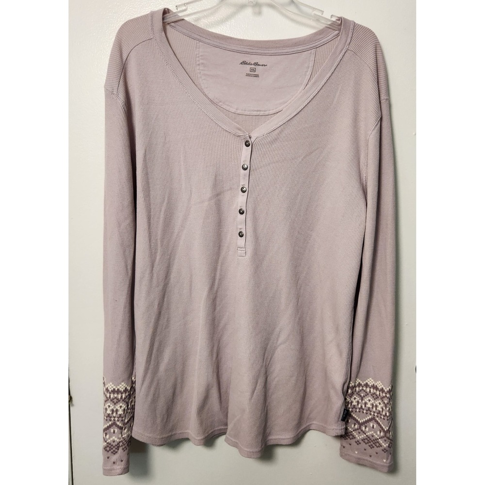 Eddie Bauer Pastel Purple Thermal Waffle Knit Henley Women's Top XXL Cuff Design